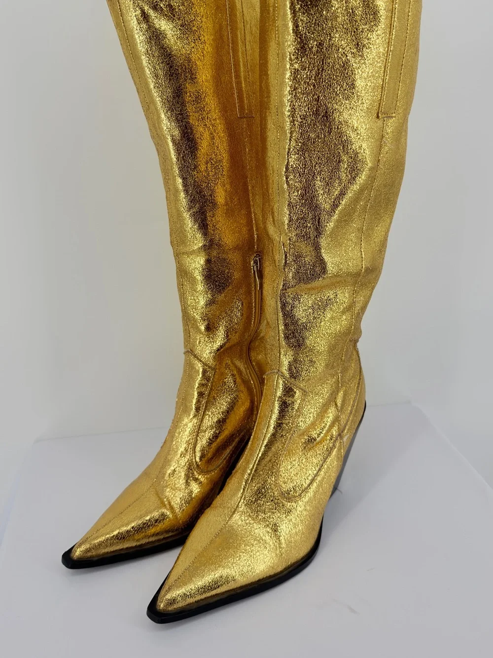 Gold Metallic Knee High Western Cowboy Boots Size 7 Pointed Toe